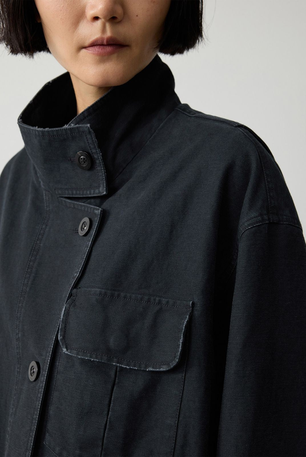 RandomPiece Distressed Cotton Stand Collar Jacket in Navy Blue - Detail