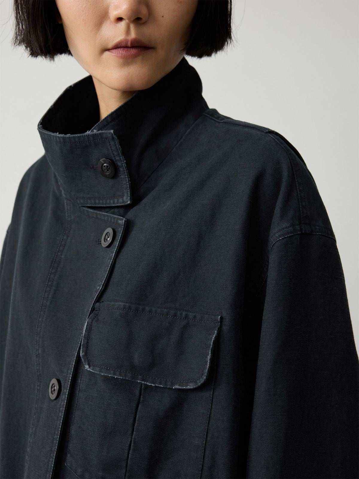RandomPiece Distressed Cotton Stand Collar Jacket in Navy Blue - Detail