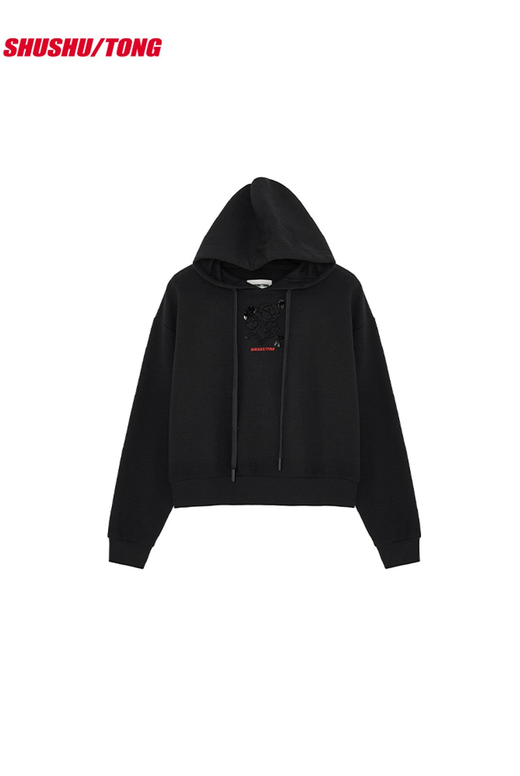 SHUSHUTONG 3D Rose Cropped Hoodie in Black