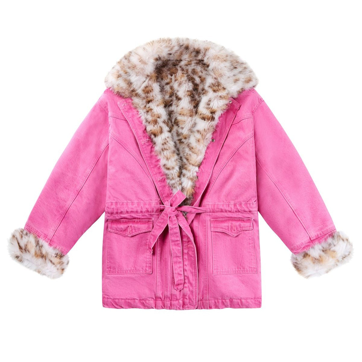 CFIERCE Leopard Lined Pink Denim Jacket in Hot Pink