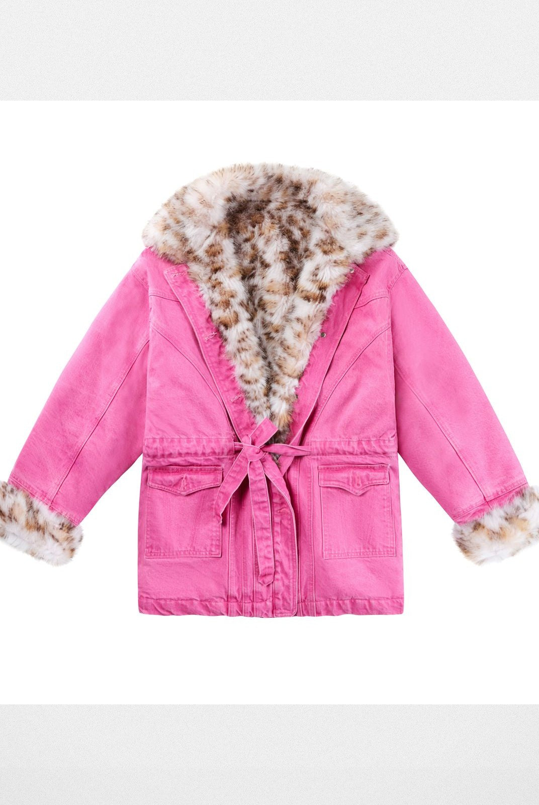 CFIERCE Leopard Lined Pink Denim Jacket in Hot Pink