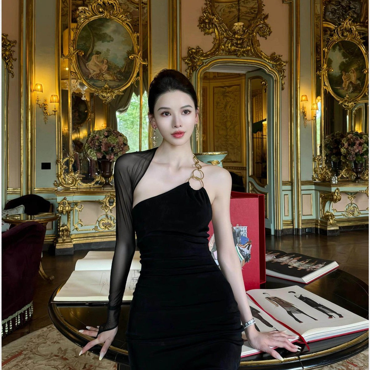 1S STUDIO Metal Ring Mesh Sleeve Dress in Black - On Model