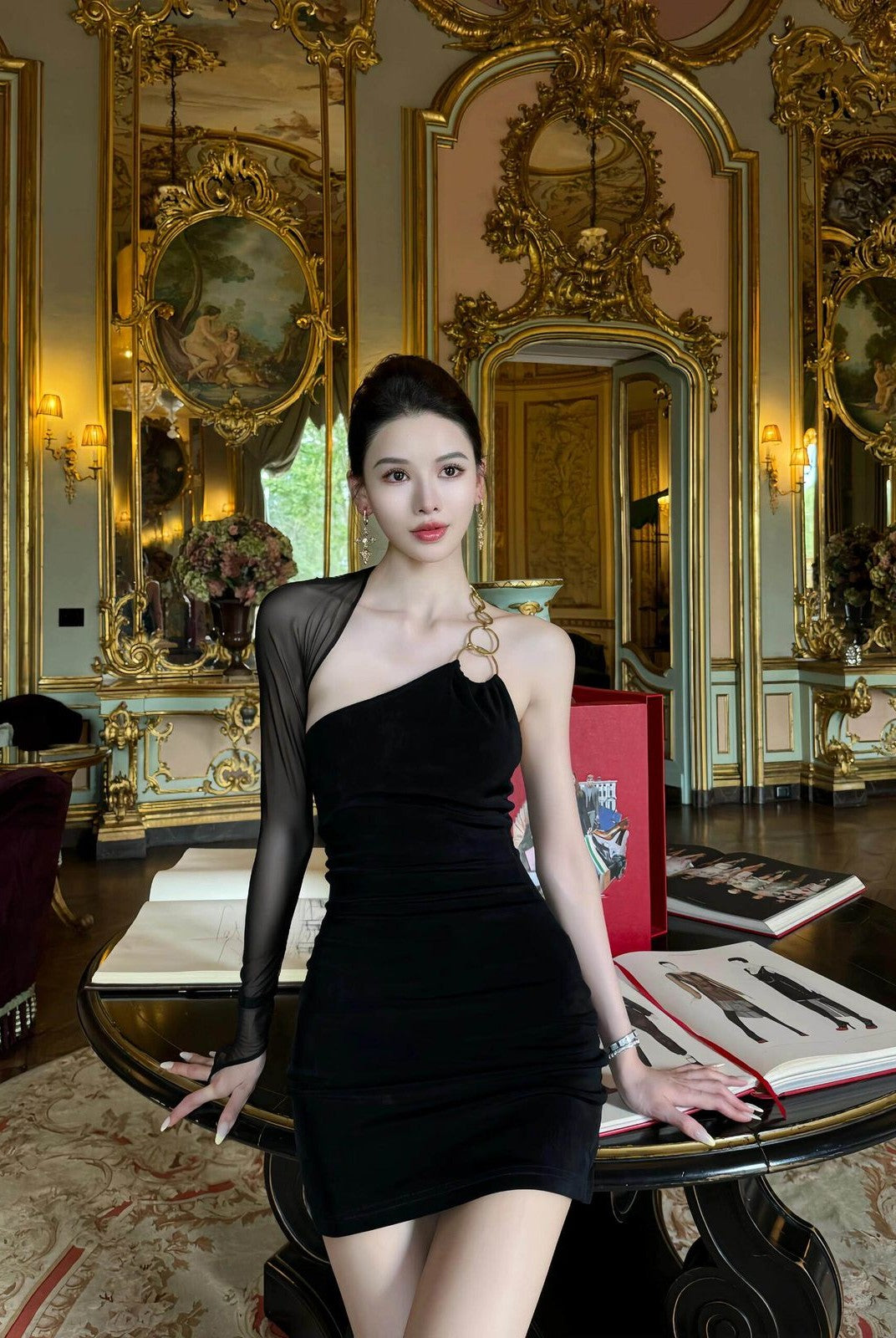 1S STUDIO Metal Ring Mesh Sleeve Dress in Black - On Model