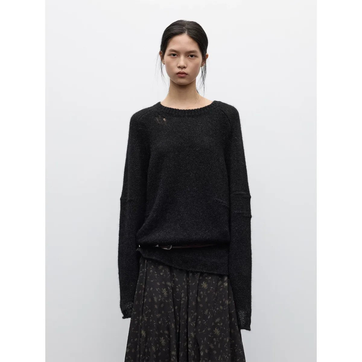 RandomPiece Alpaca Yak Wool Hooded Knit in Black - On Model