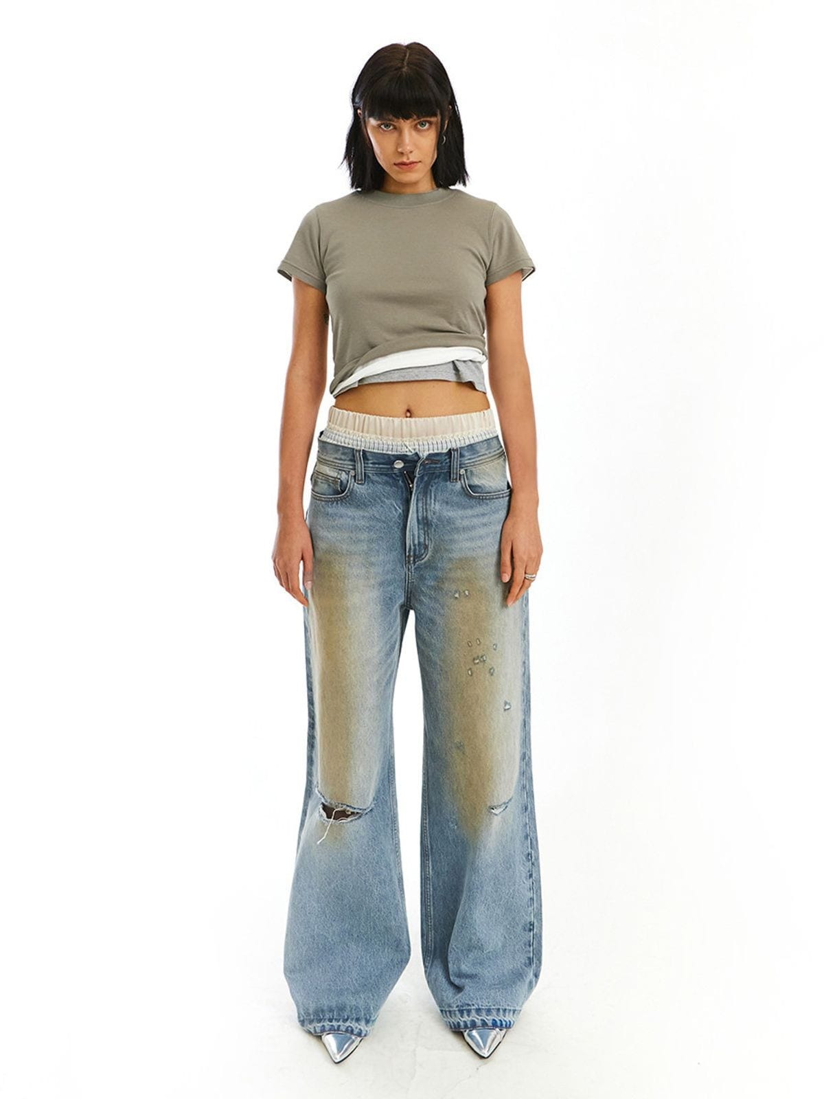 Neverseez Solid Cotton Crop Tee in Green - On Model