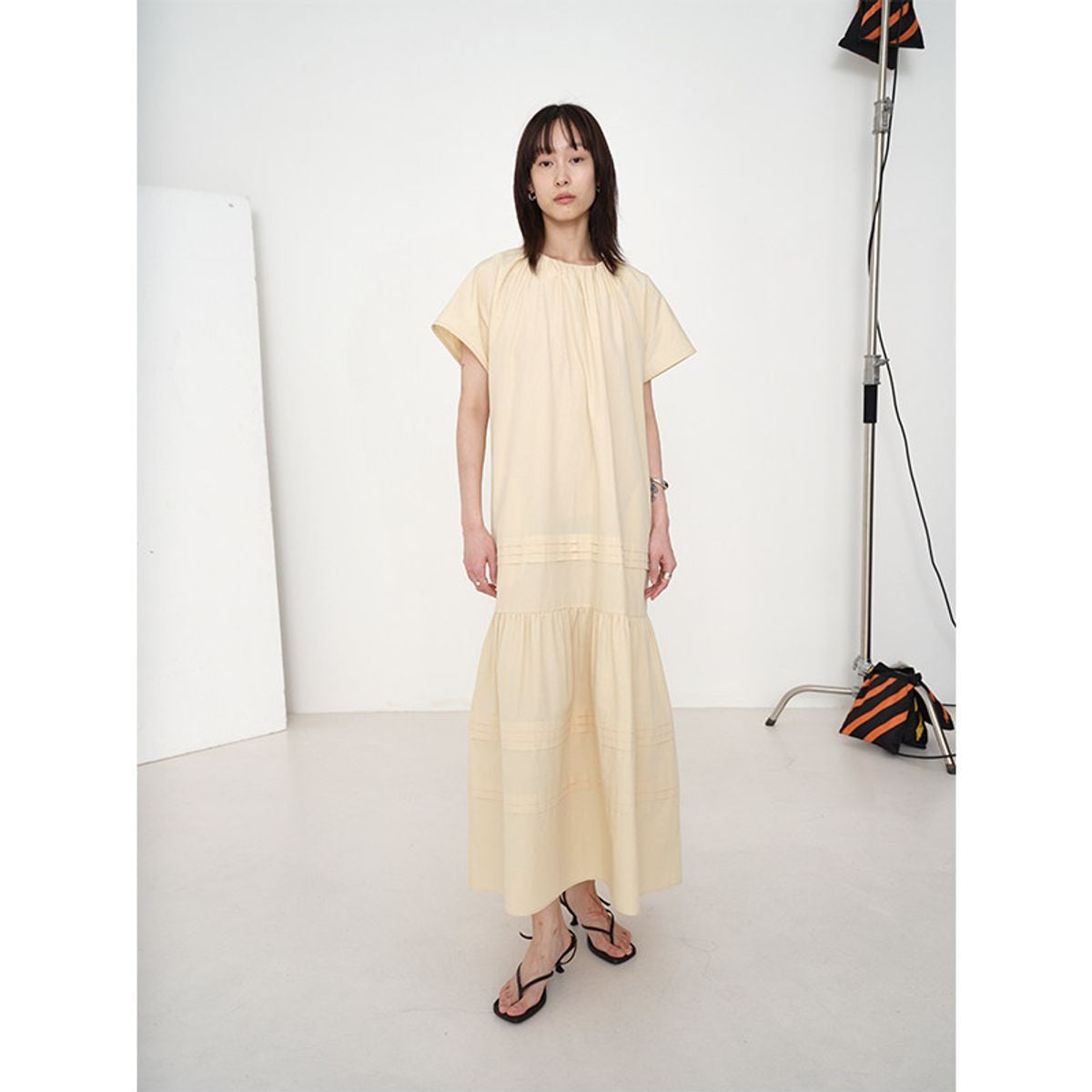 RandomPiece Eco Cotton Hemp Tiered Maxi Dress in Cream - On Model