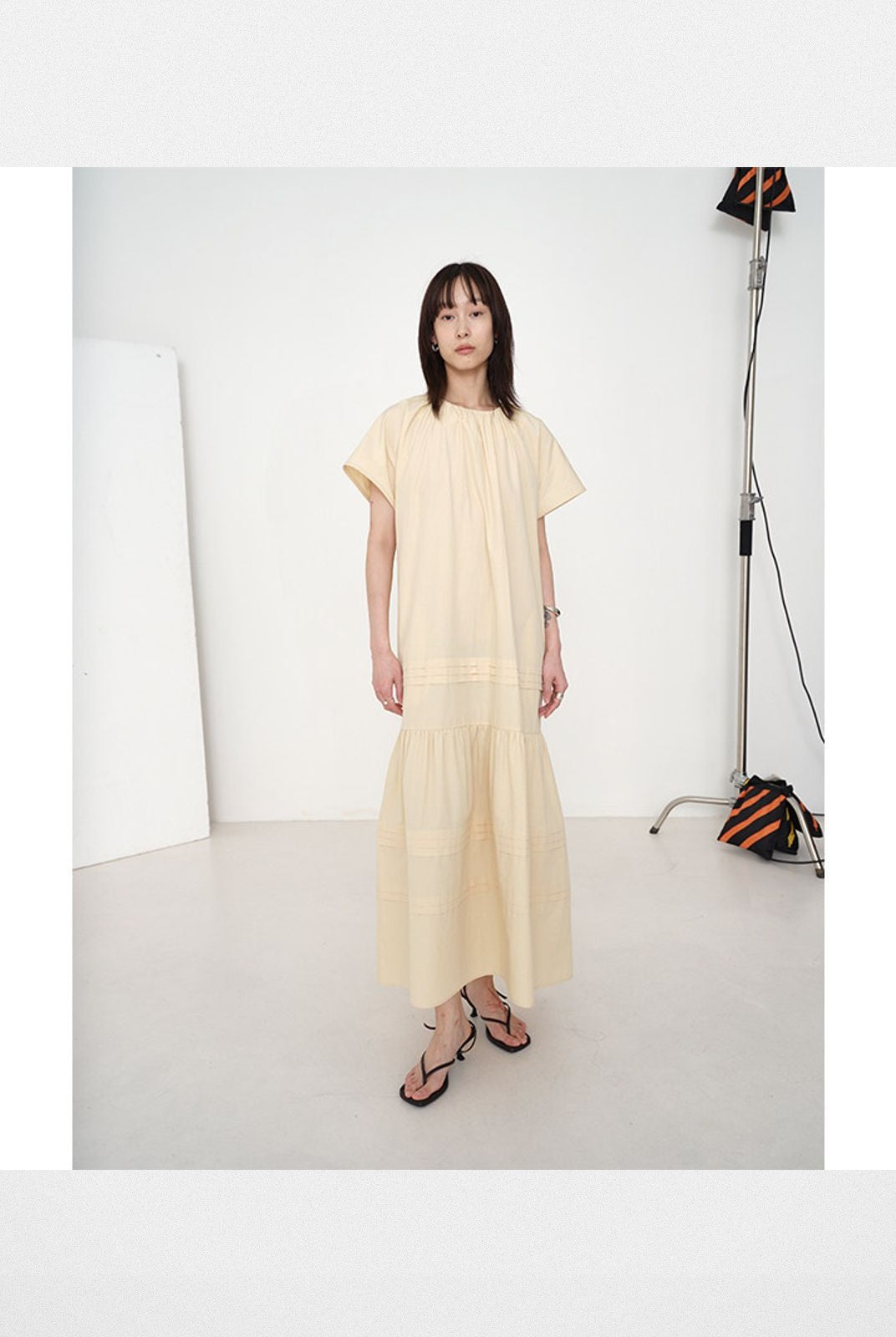 RandomPiece Eco Cotton Hemp Tiered Maxi Dress in Cream - On Model