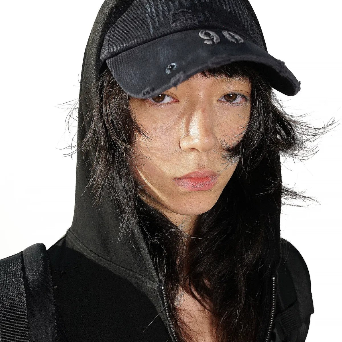 MASONPRINCE Distressed Metal Accent Baseball Cap in Black - On Model