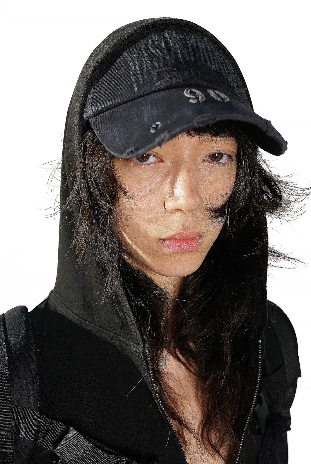 MASONPRINCE Distressed Metal Accent Baseball Cap in Black - On Model