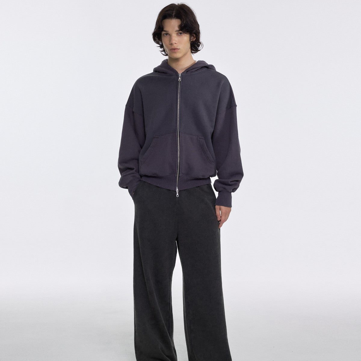 AFterTaste Washed Distressed Zip Up Hoodie in Gray - On Model