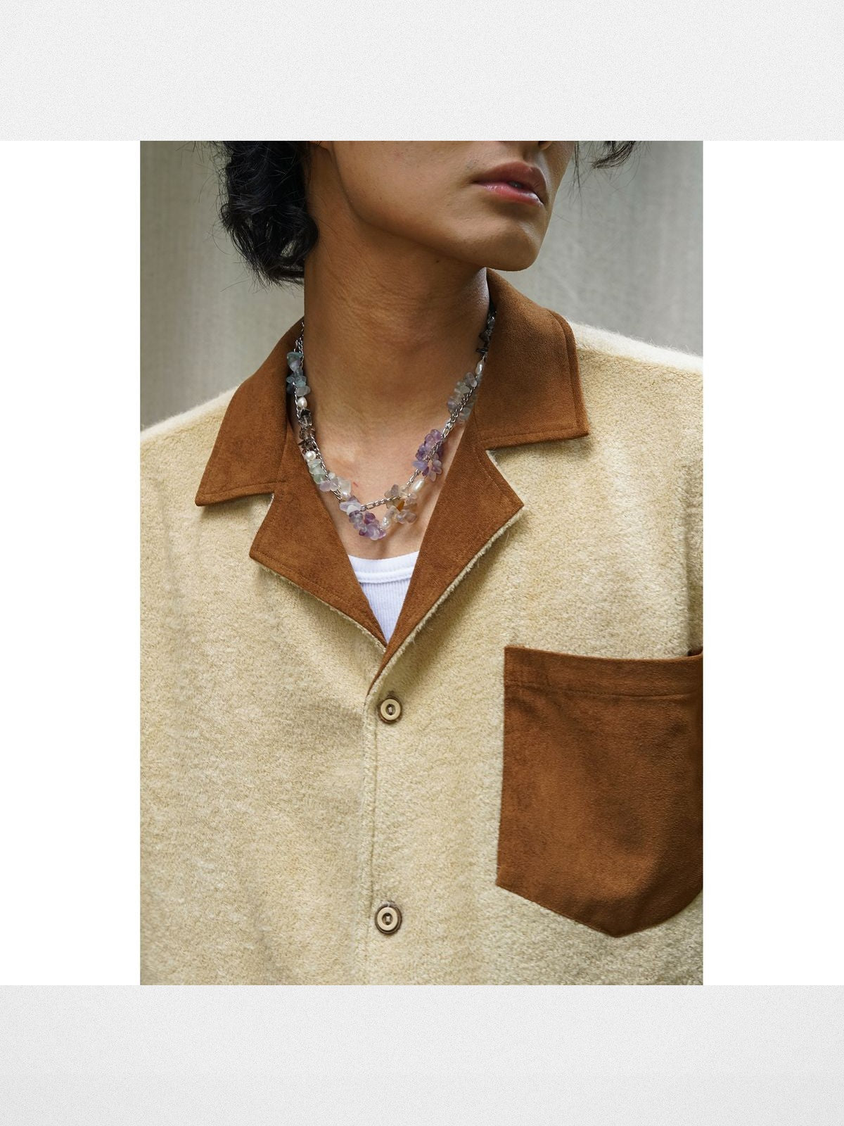 Retro 21 Spliced Wool Blend Knit Shirt in Cream - On Model