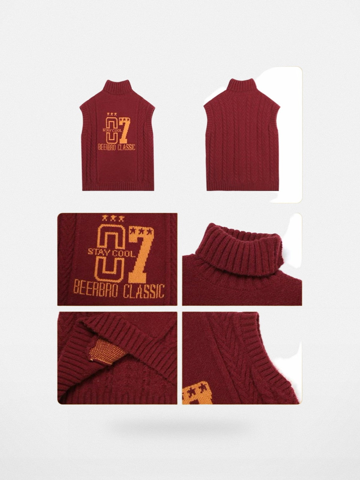 BeerBro Graphic Cable Knit Turtleneck Vest in Burgundy - Detail