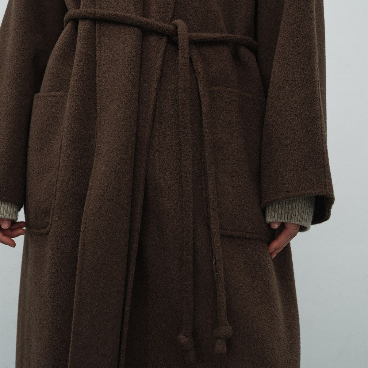 RandomPiece Merino Wool Camel Hair Robe Coat in Dark Brown - Detail