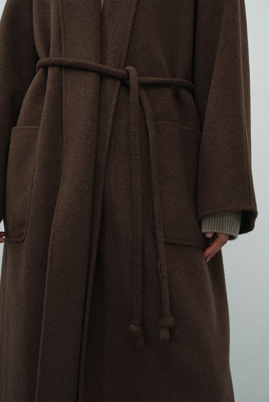 RandomPiece Merino Wool Camel Hair Robe Coat in Dark Brown - Detail