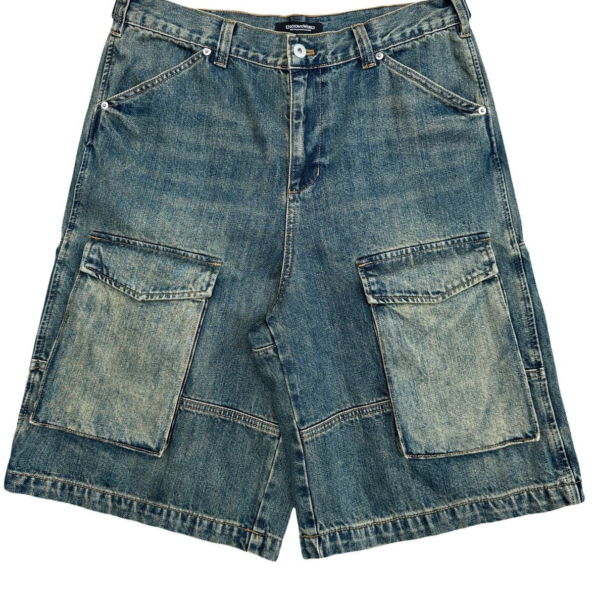 UNKNOWNWORLD Mud Dyed Multi Pocket Denim Shorts in Blue