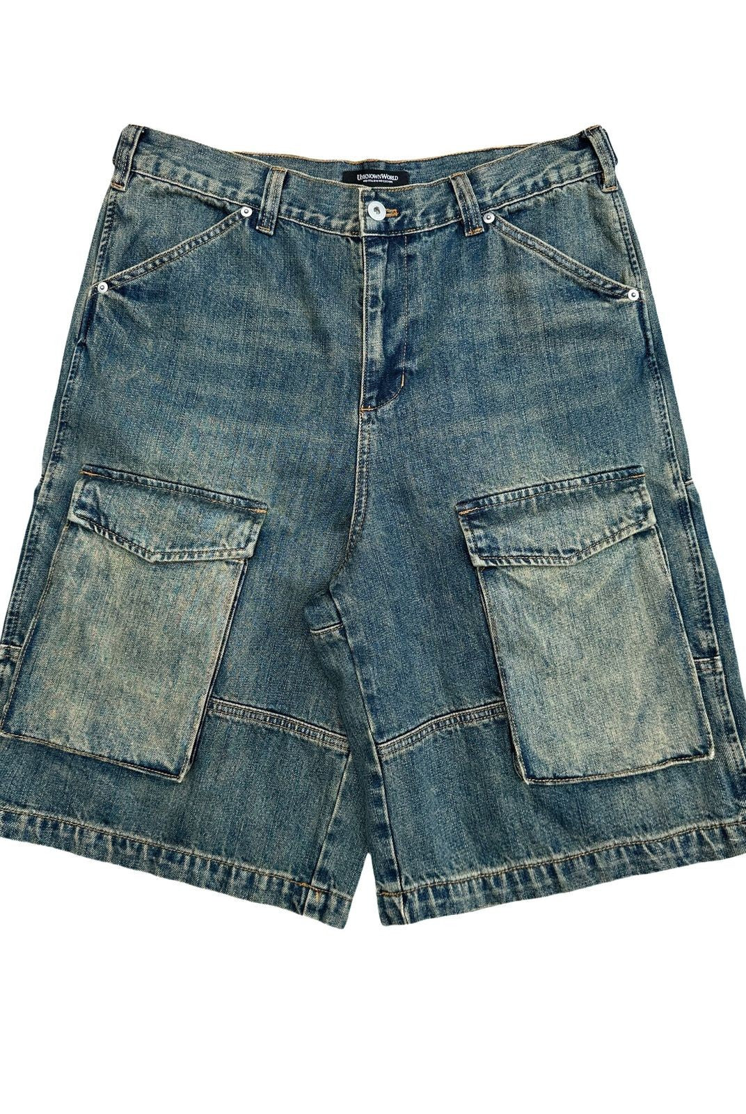 UNKNOWNWORLD Mud Dyed Multi Pocket Denim Shorts in Blue