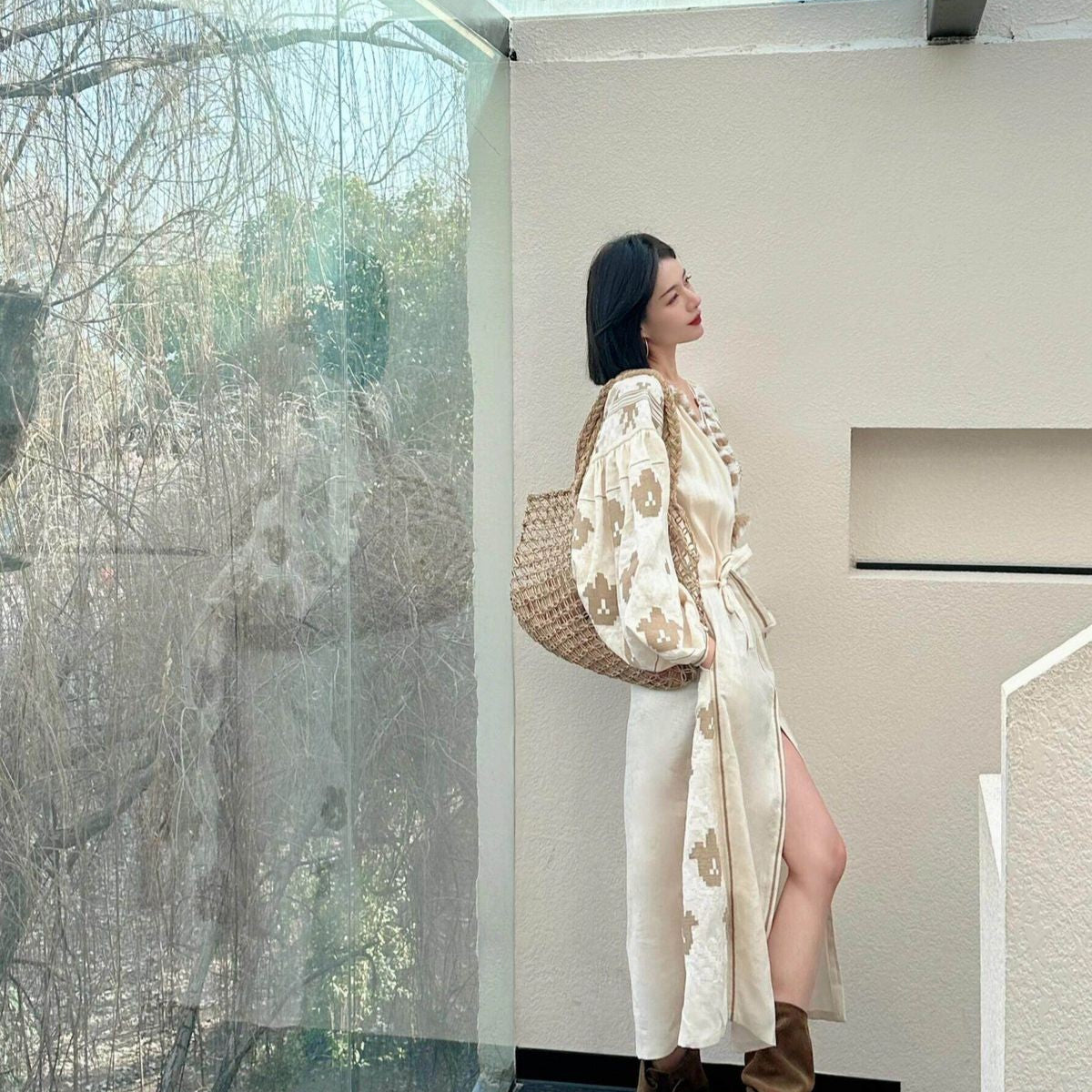 Embroidered Cotton Linen Puff Sleeve Dress