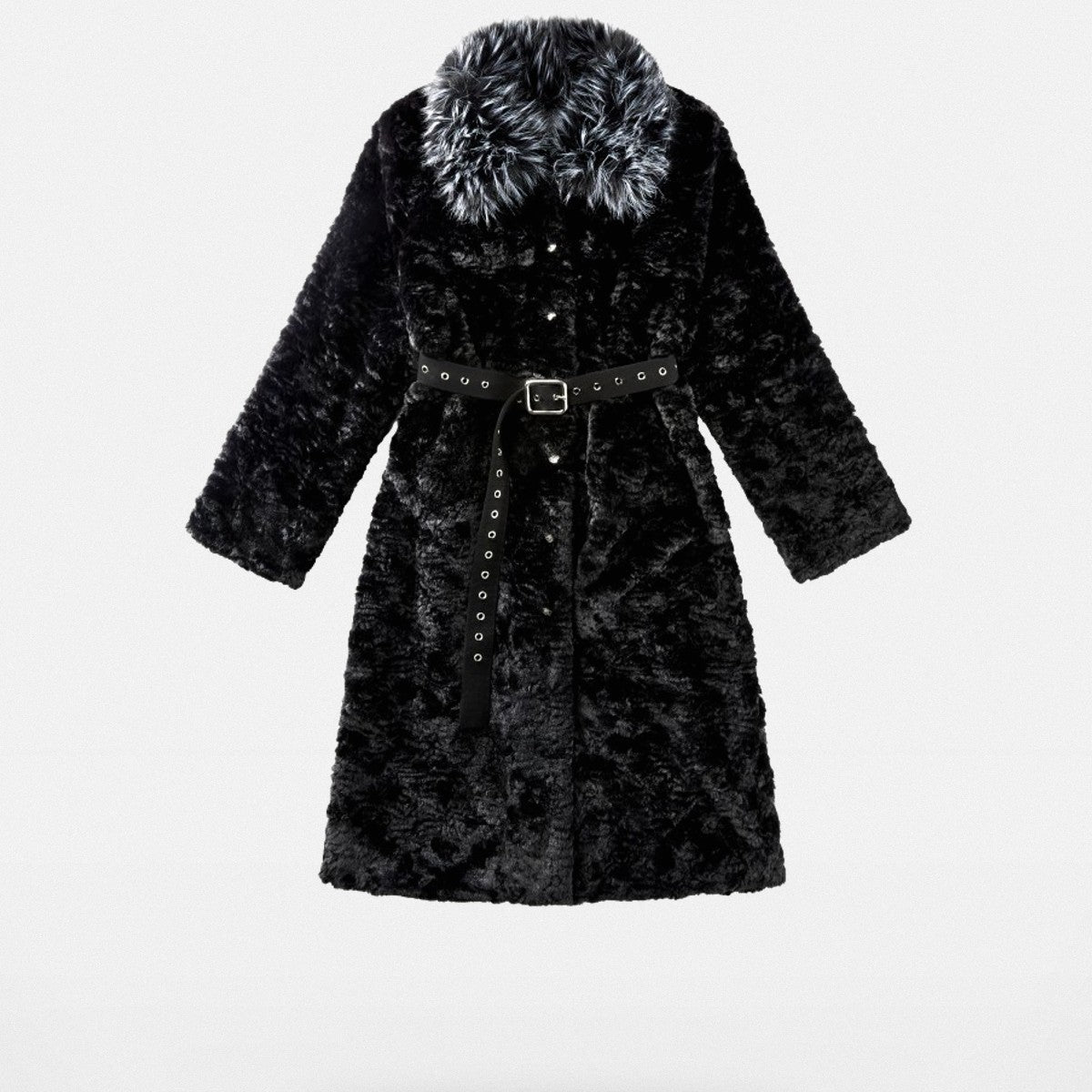 CFIERCE Belted Contrast Faux Fur Coat in Black