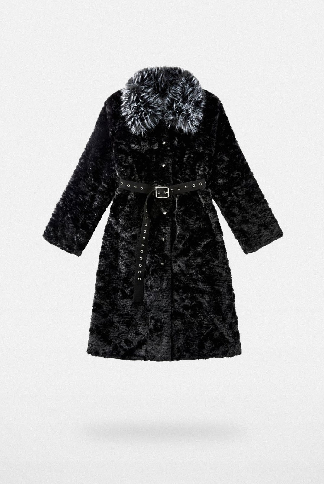 CFIERCE Belted Contrast Faux Fur Coat in Black