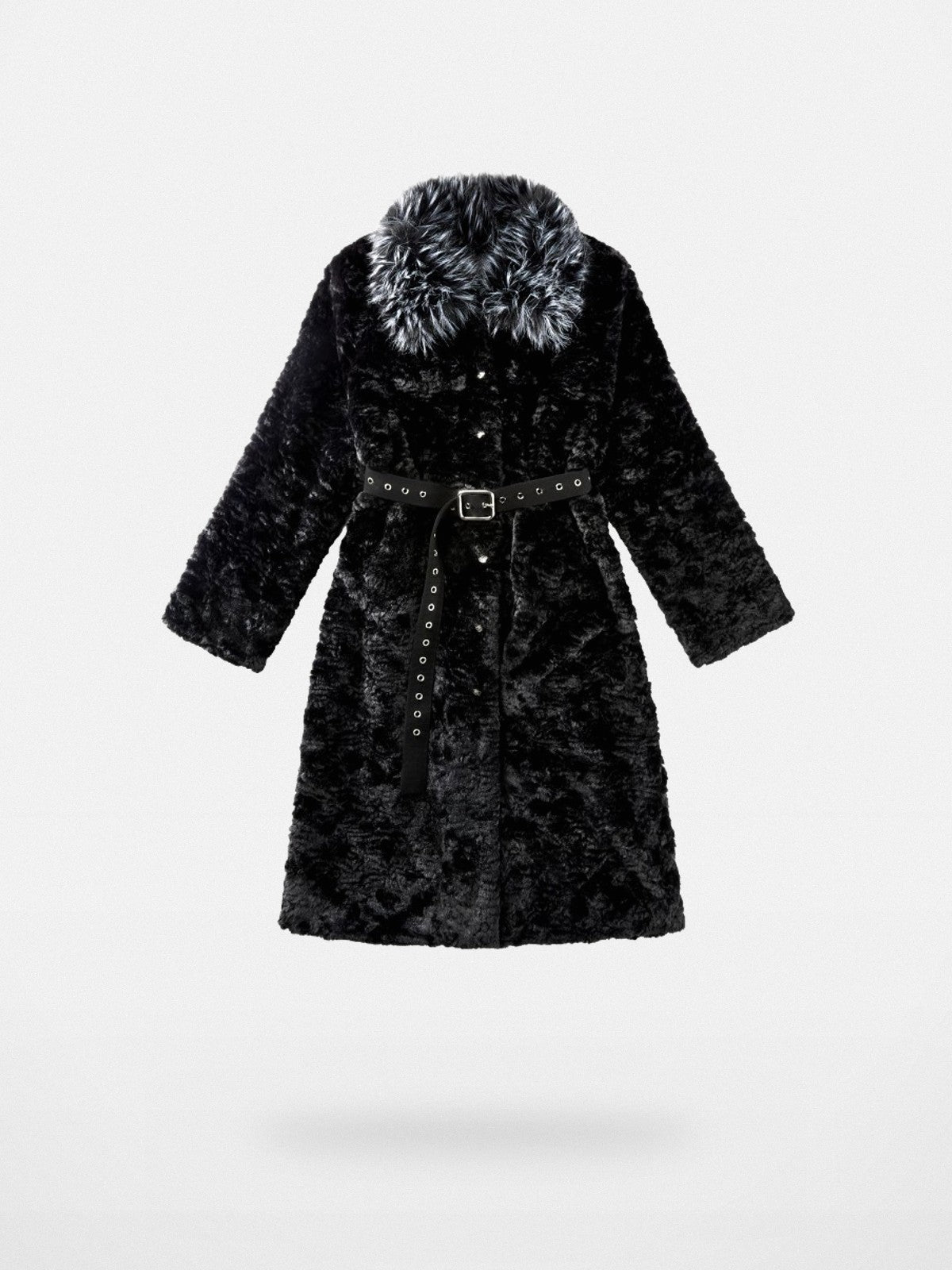 CFIERCE Belted Contrast Faux Fur Coat in Black