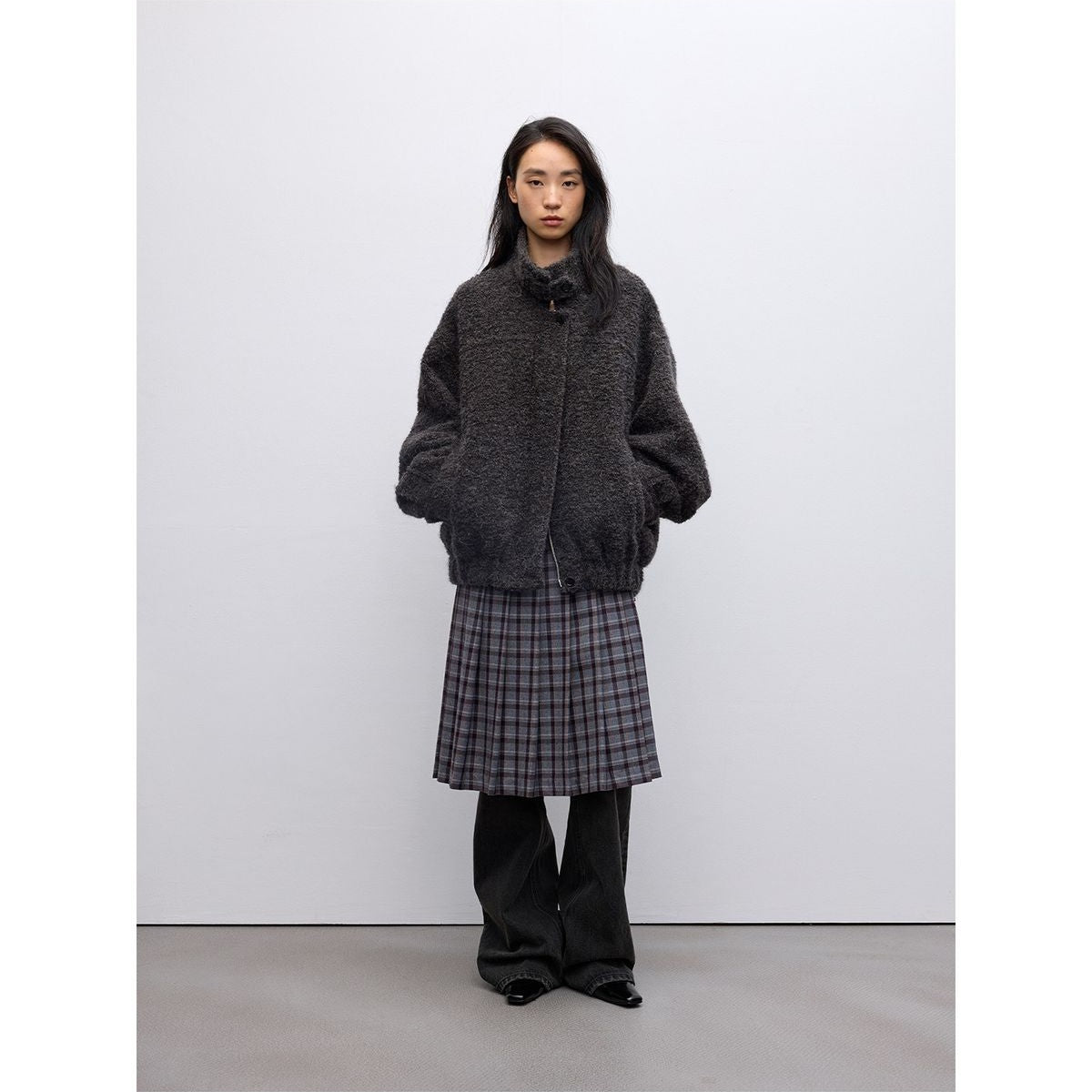 RandomPiece Alpaca Wool Blend Boucl Jacket in Gray - On Model