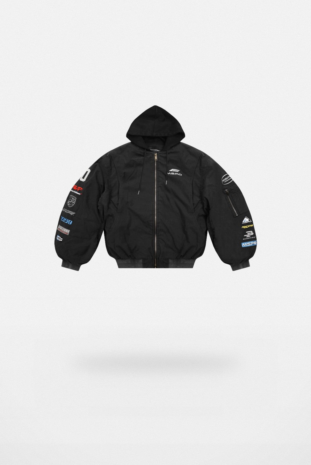 MASONPRINCE Hooded Racing Patch Puffer Jacket in Black#color_black