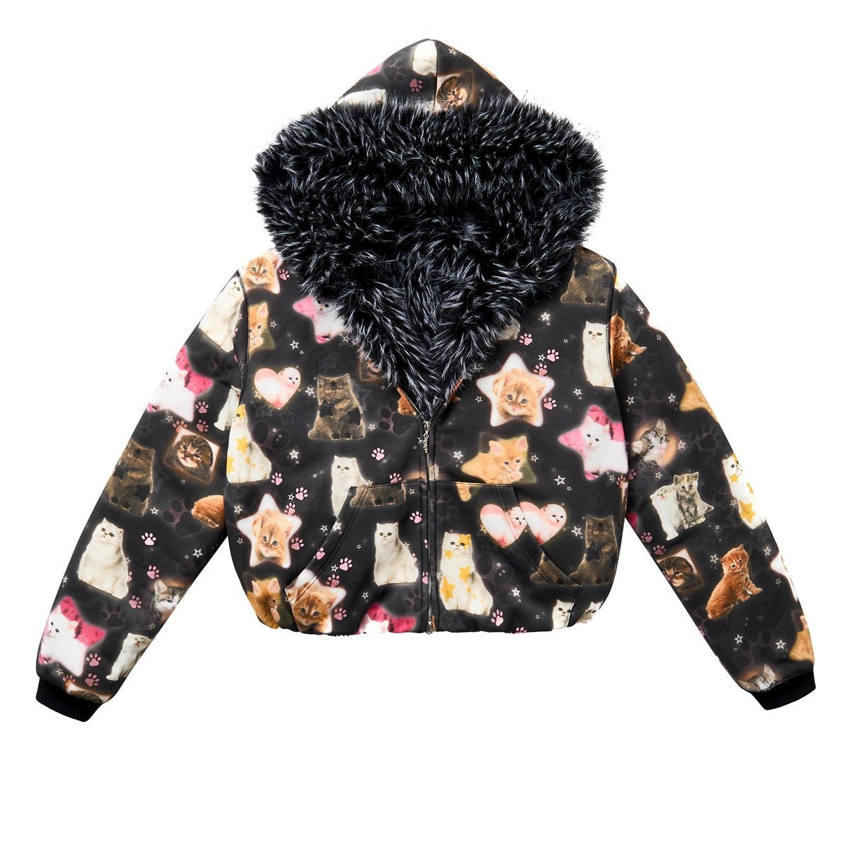CFIERCE Reversible Cat Print Faux Fur Jacket in Black