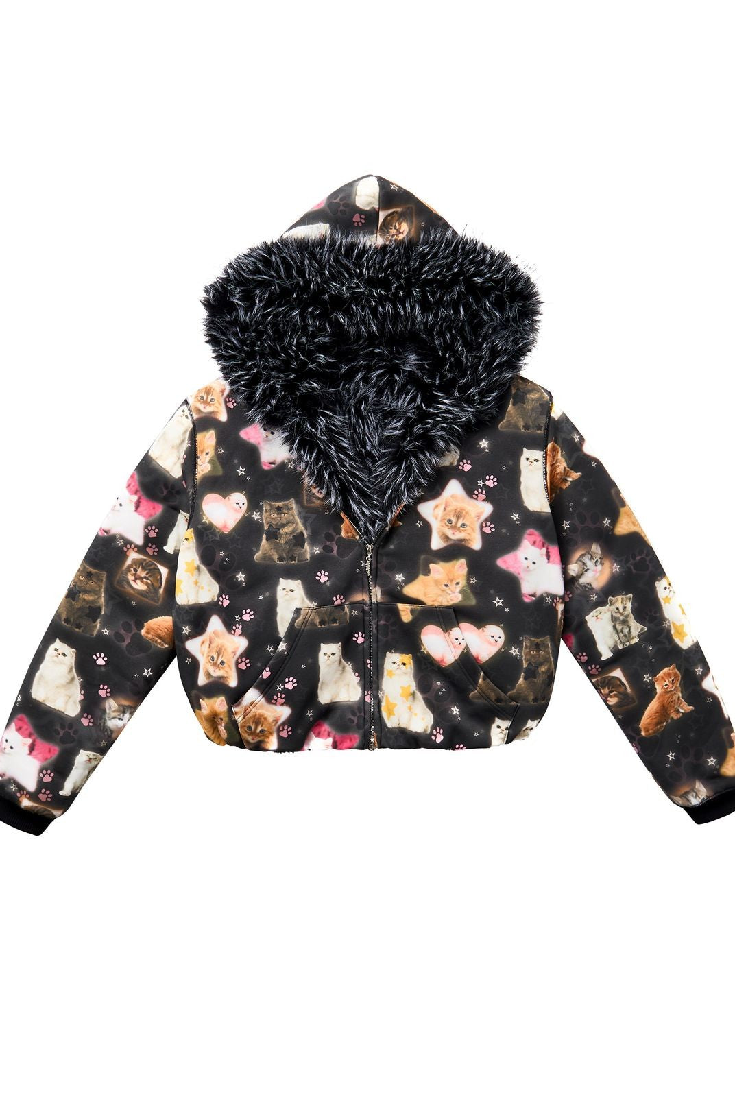 CFIERCE Reversible Cat Print Faux Fur Jacket in Black