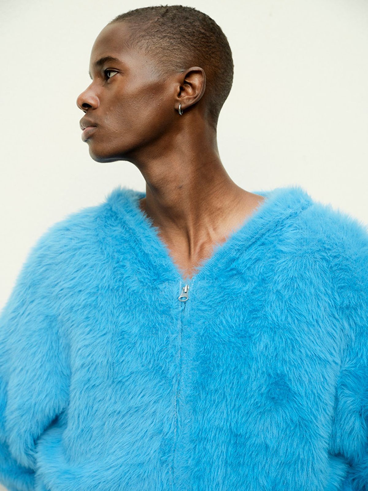 TRIANGLE PROJECT Faux Mink Zip Up Hooded Jacket in Sky Blue - On Model