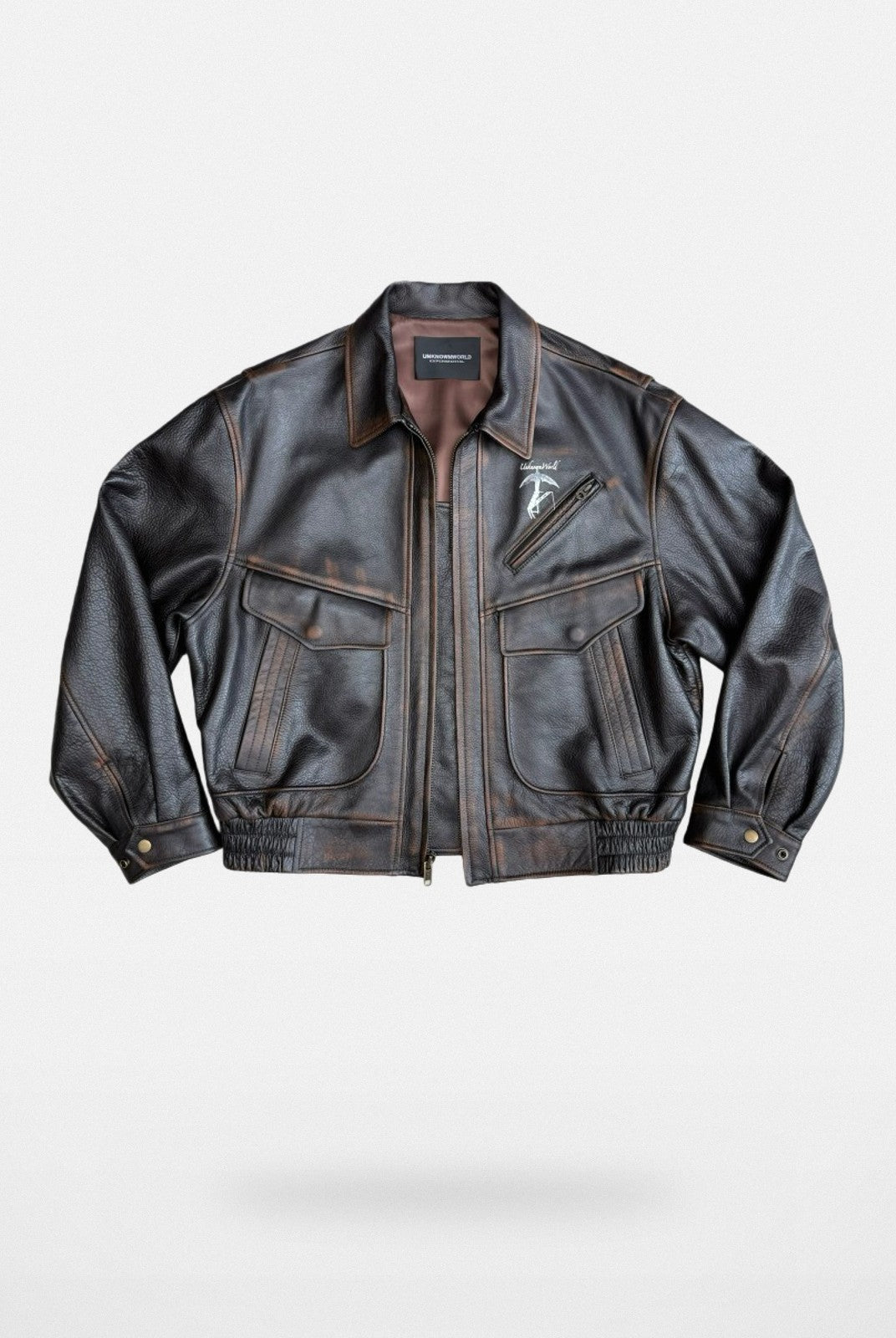 UNKNOWNWORLD Distressed Cowhide Flight Jacket in Brown