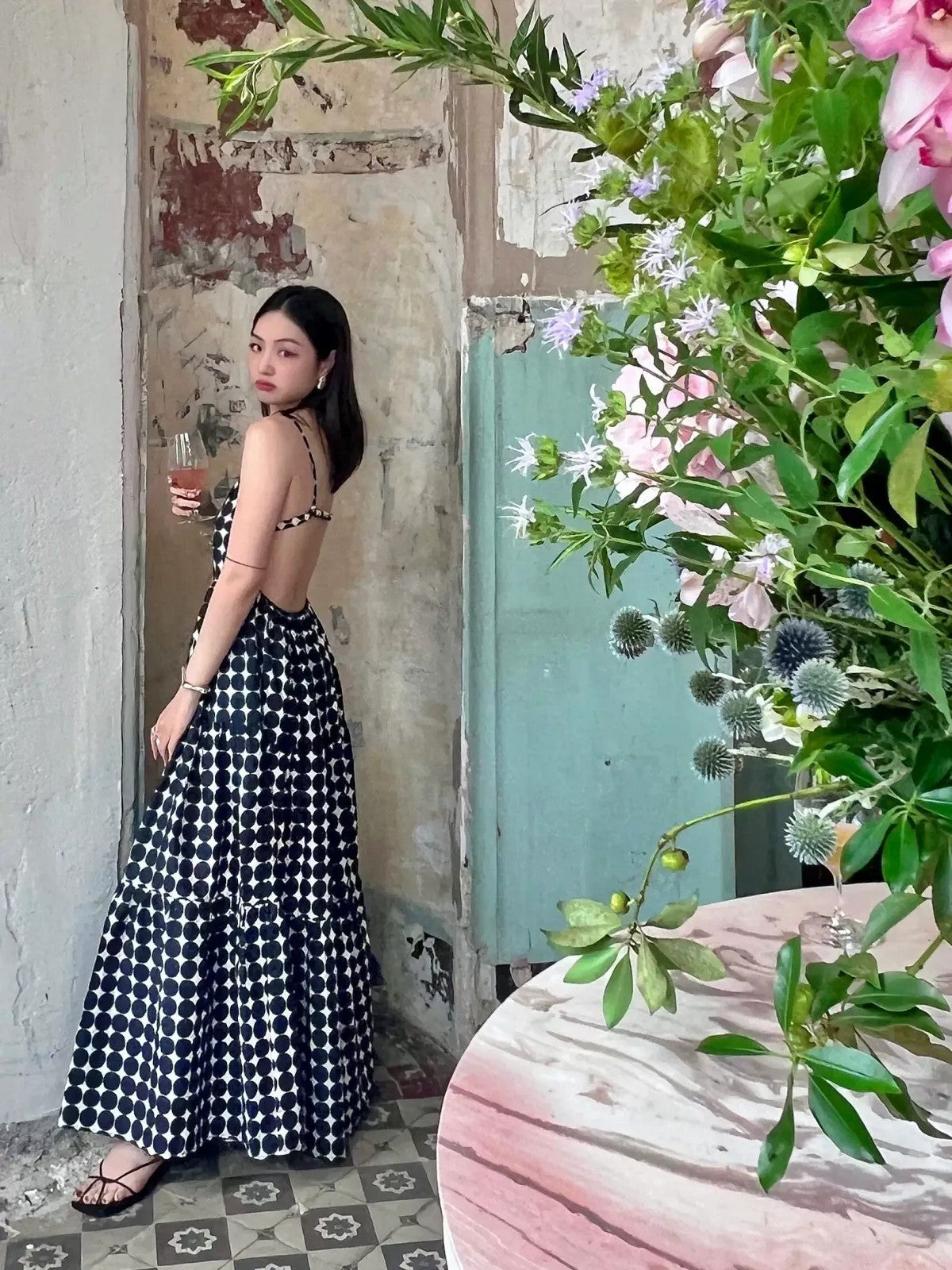 1S STUDIO Polka Dot Open Back Maxi Dress in Blue - On Model