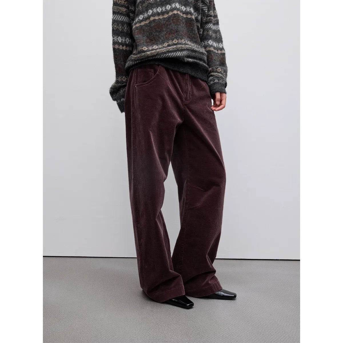 RandomPiece Air Washed Stretch Corduroy Pants in Burgundy - On Model