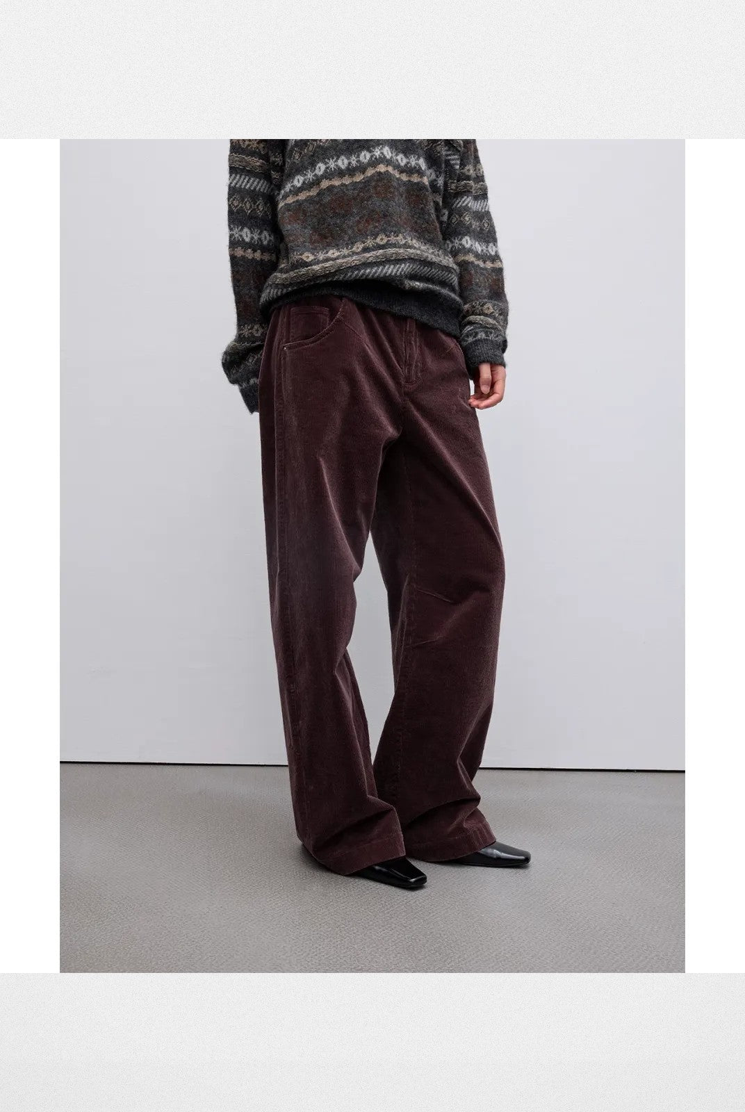 RandomPiece Air Washed Stretch Corduroy Pants in Burgundy - On Model