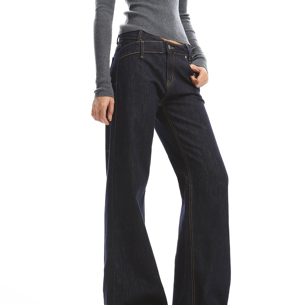 BIGGOLD STUDIO Asymmetric Waist Straight Leg Jeans in Denim - On Model #color_denim