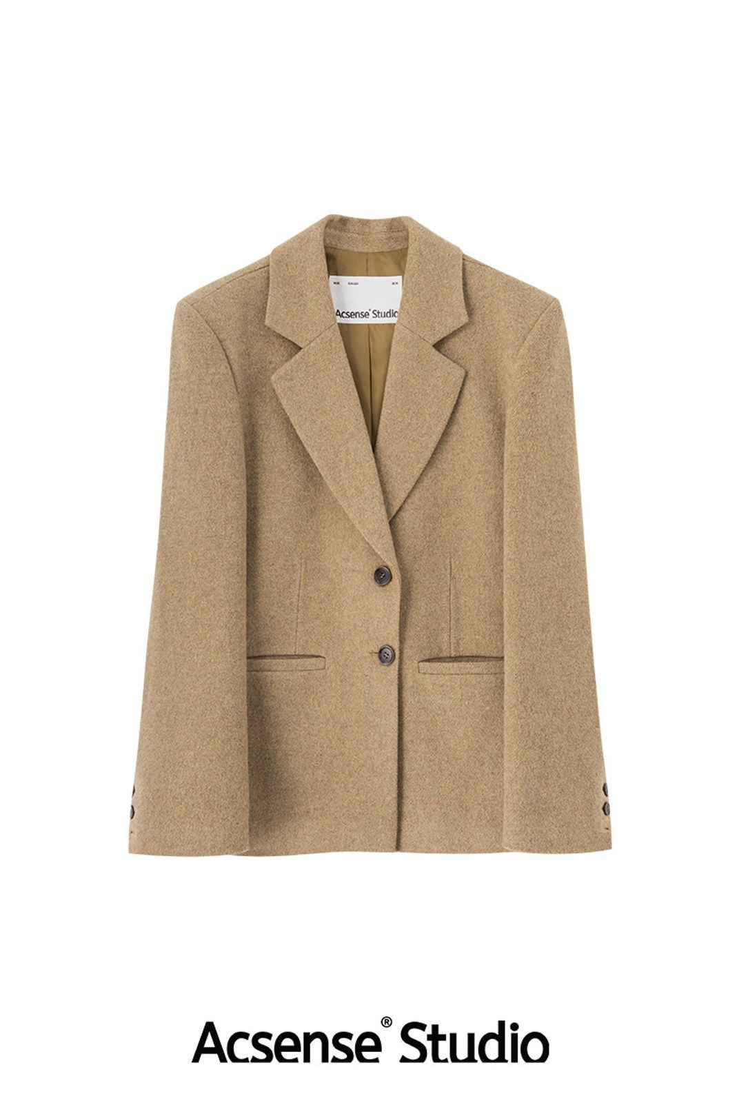 ACSENSE STUDIO Pleated Back Wool Blend Blazer in Beige