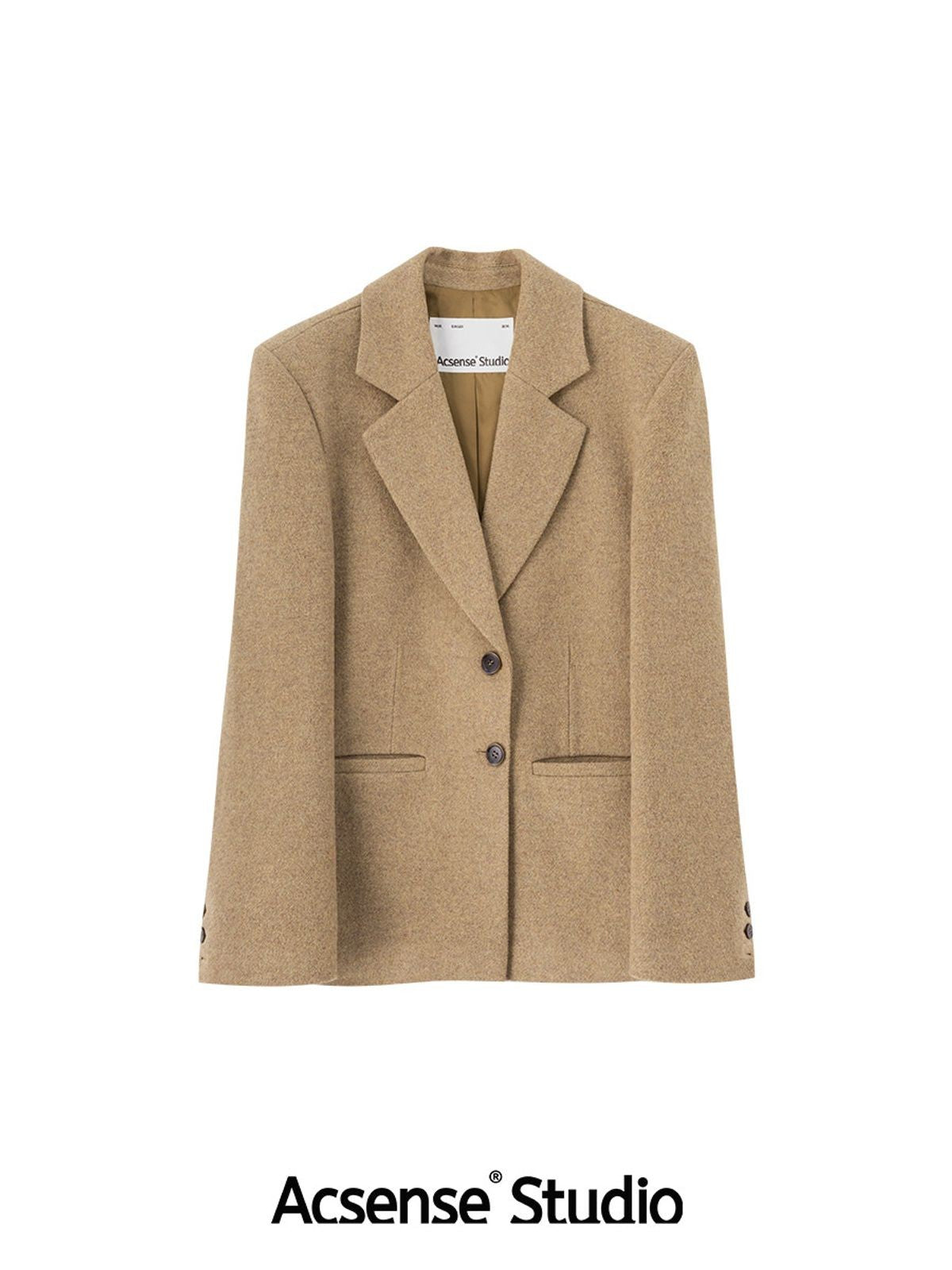 ACSENSE STUDIO Pleated Back Wool Blend Blazer in Beige