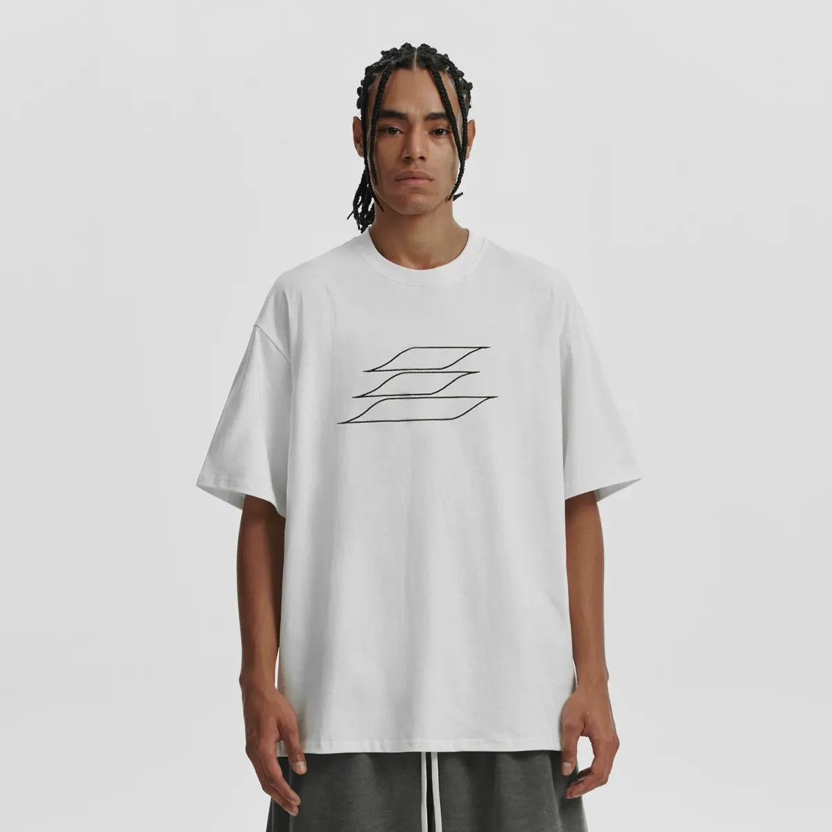 LOSTCTRL Outline Embroidered Logo T Shirt in White - On Model