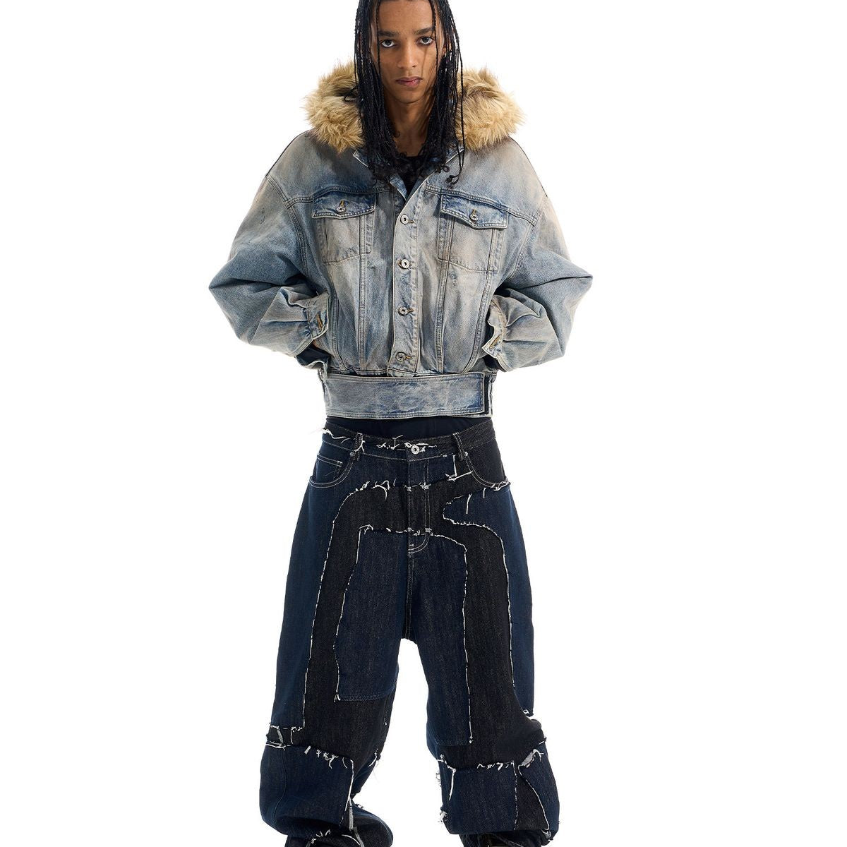 BLINDNOPLAN Washed Denim Faux Fur Collar Jacket in Blue - On Model