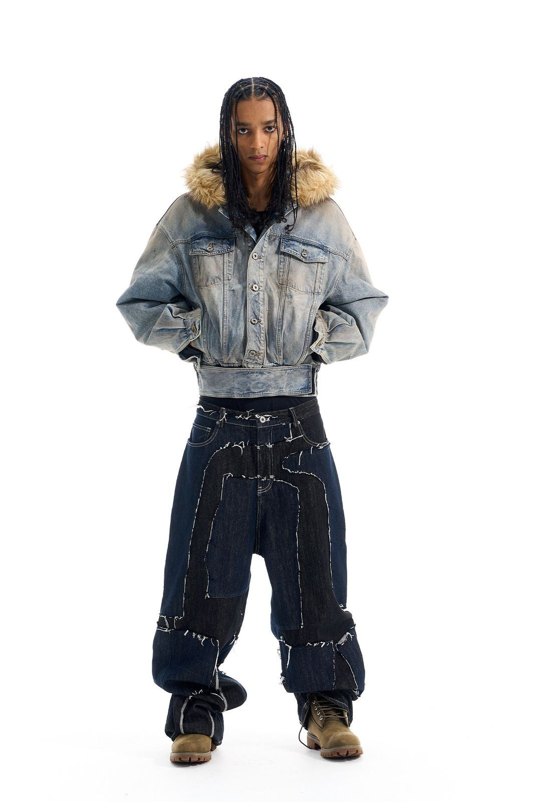 BLINDNOPLAN Washed Denim Faux Fur Collar Jacket in Blue - On Model