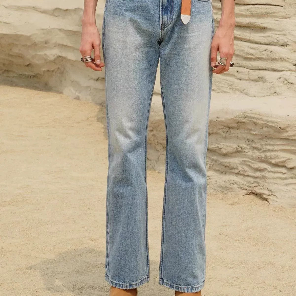 Retro 21 Washed Ice Blue Flared Jeans in Blue - On Model