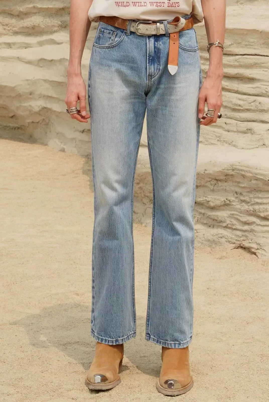 Retro 21 Washed Ice Blue Flared Jeans in Blue - On Model