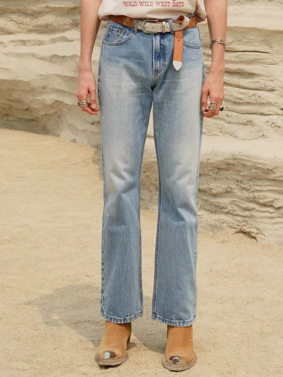 Retro 21 Washed Ice Blue Flared Jeans in Blue - On Male Model