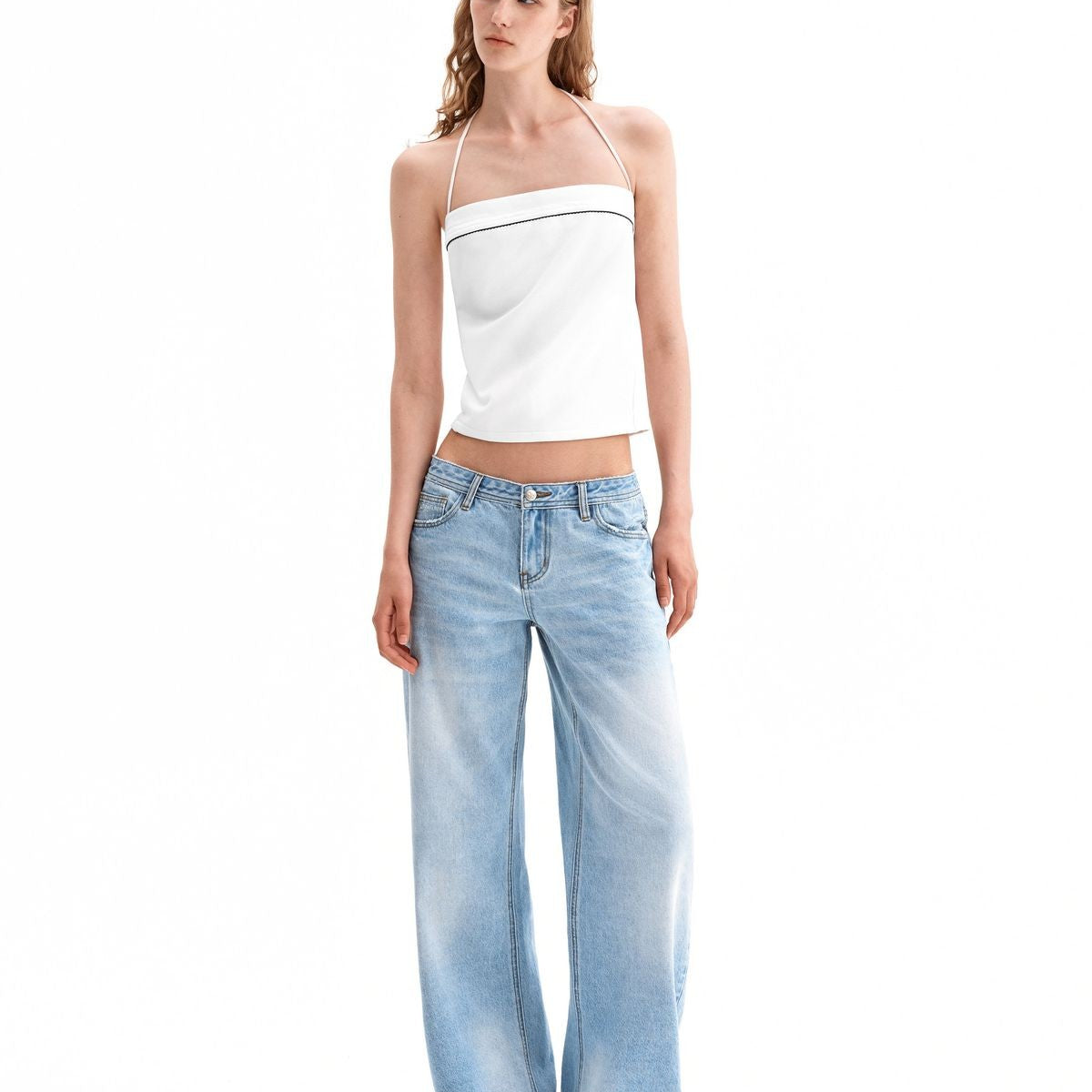 PUKI Light Wash Wide Leg Jeans in Blue - On Model