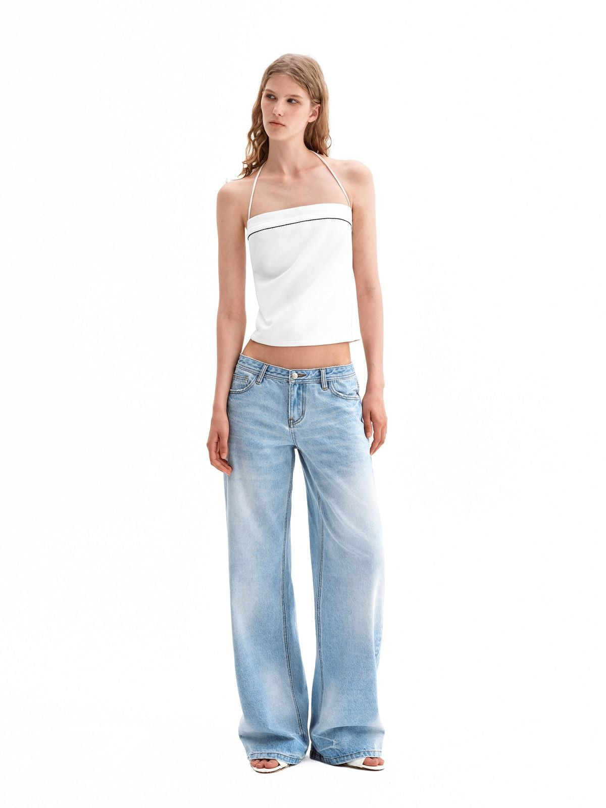 PUKI Light Wash Wide Leg Jeans in Blue - On Model
