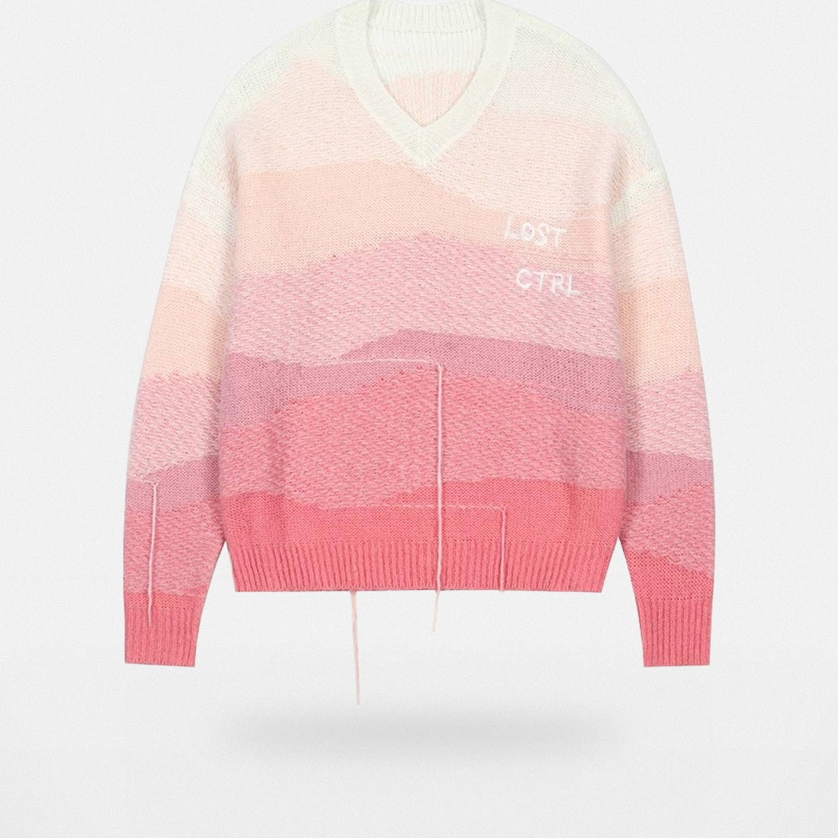 LOSTCTRL Gradient Fringe V Neck Sweater in Pink