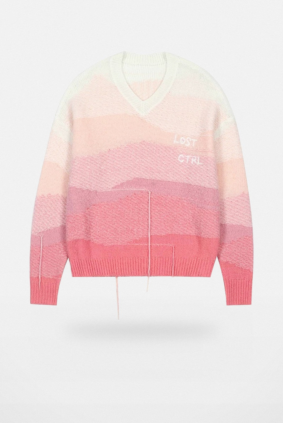 LOSTCTRL Gradient Fringe V Neck Sweater in Pink