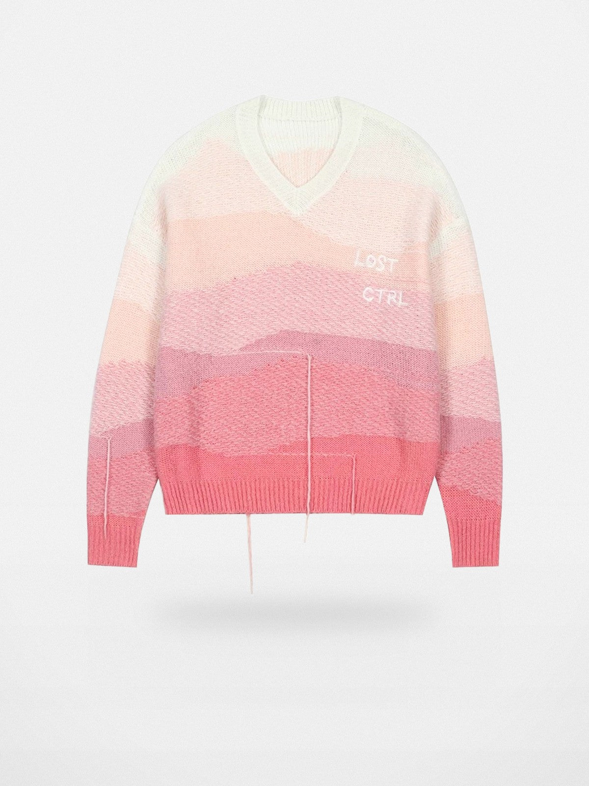 LOSTCTRL Gradient Fringe V Neck Sweater in Pink