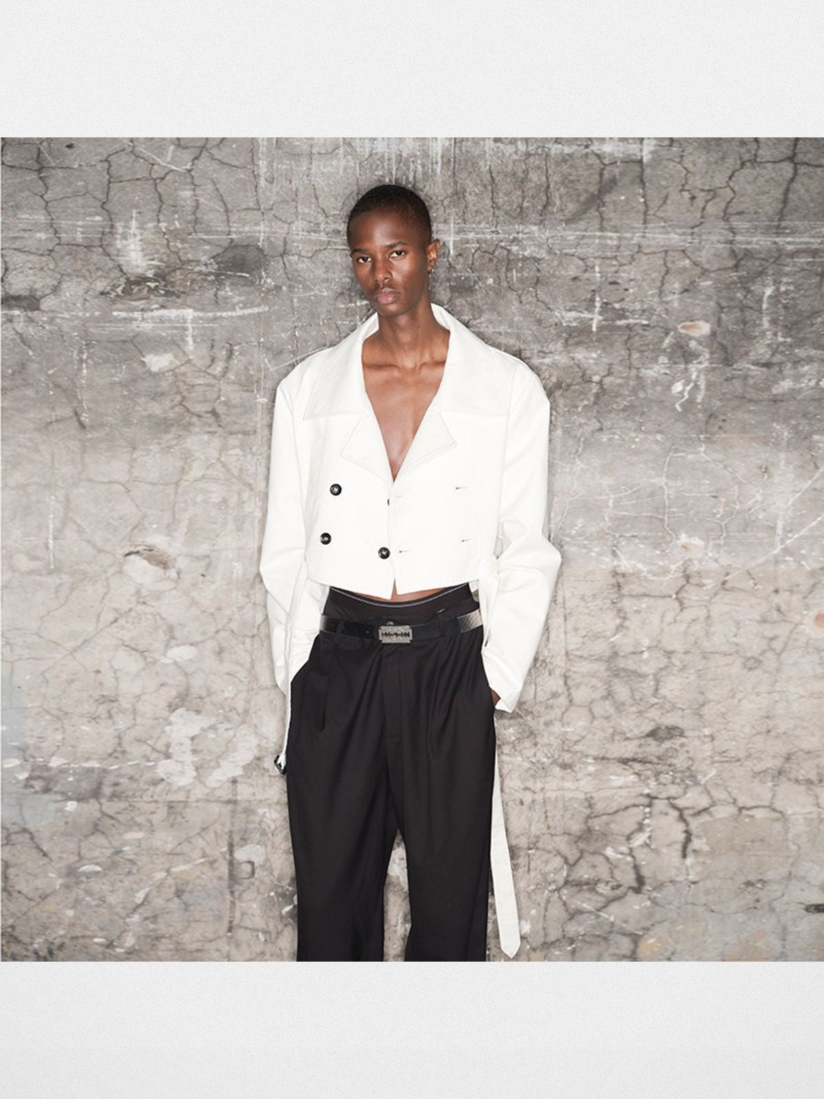 TRIANGLE PROJECT Deconstructed Double Breasted Jacket in White - On Model