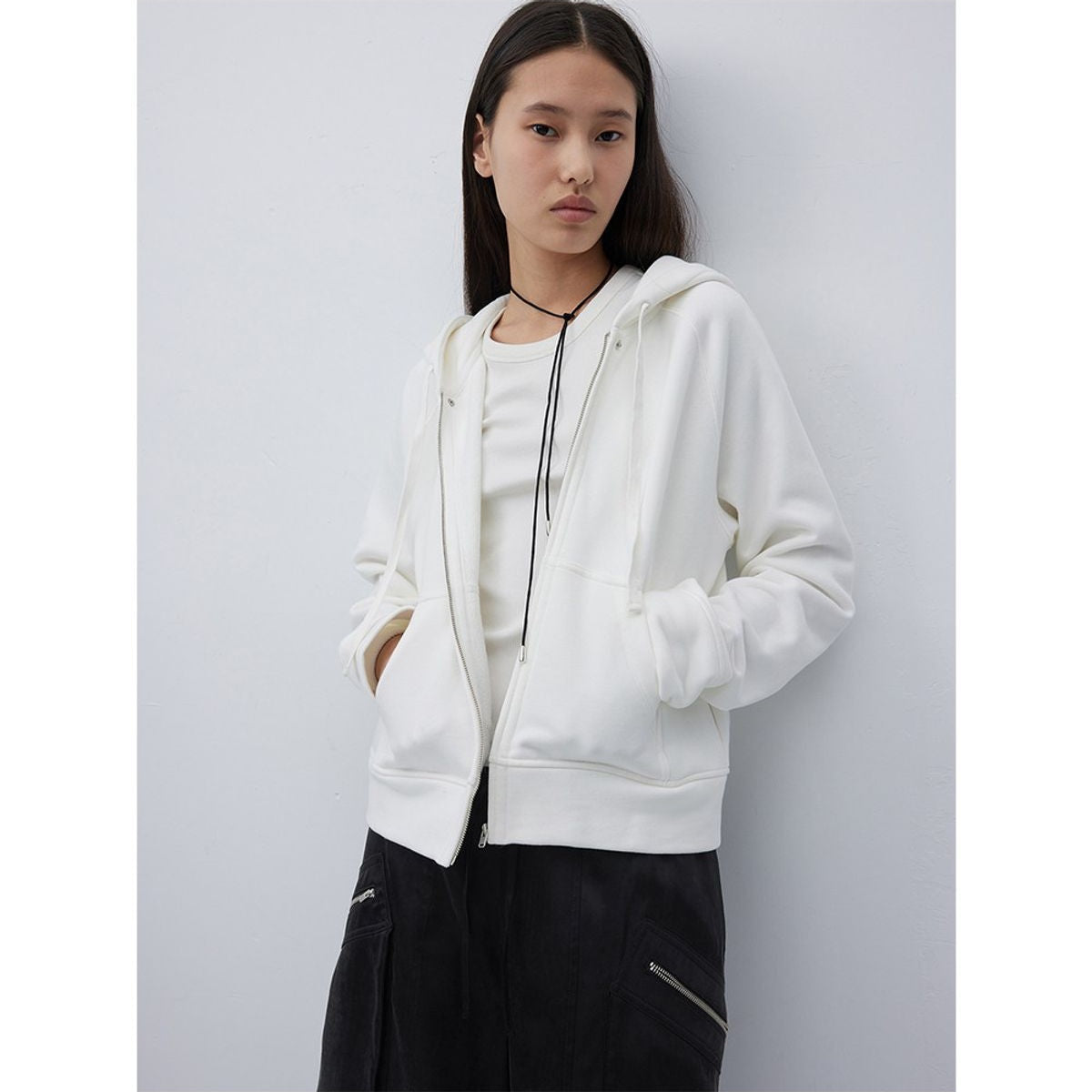 RandomPiece Cropped Cotton Zip Up Hoodie in White - On Model