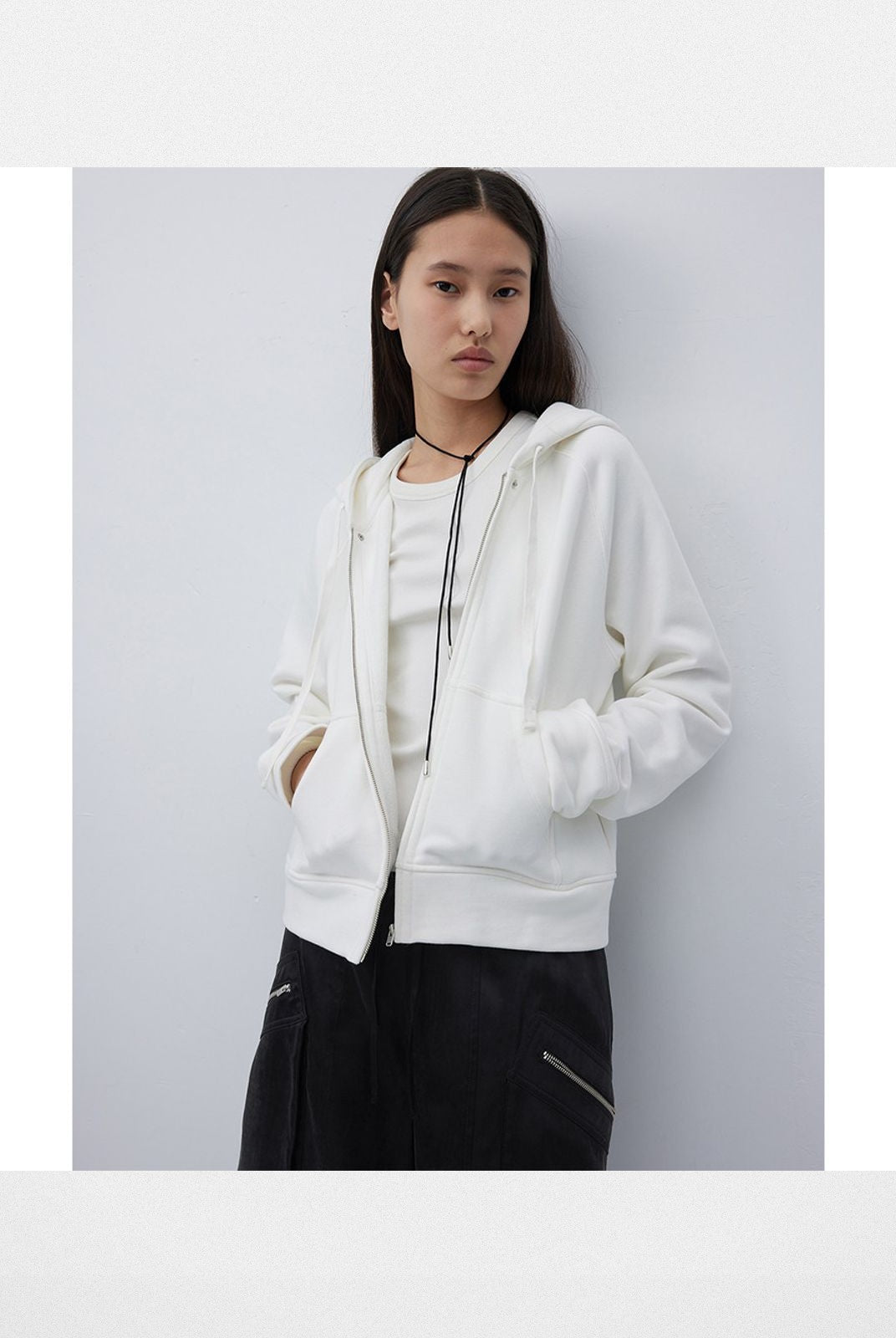 RandomPiece Cropped Cotton Zip Up Hoodie in White - On Model